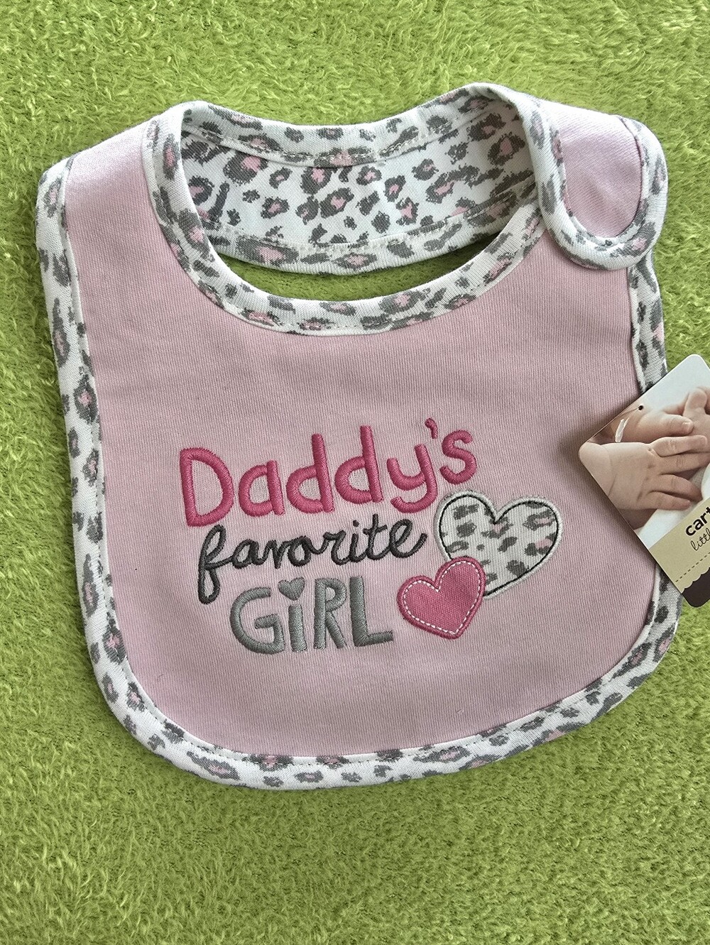 NWT  0-12M  BABY GIRL BIB  Carter's Pink & Gray Daddy's favorite GiRL HEART (Q6)